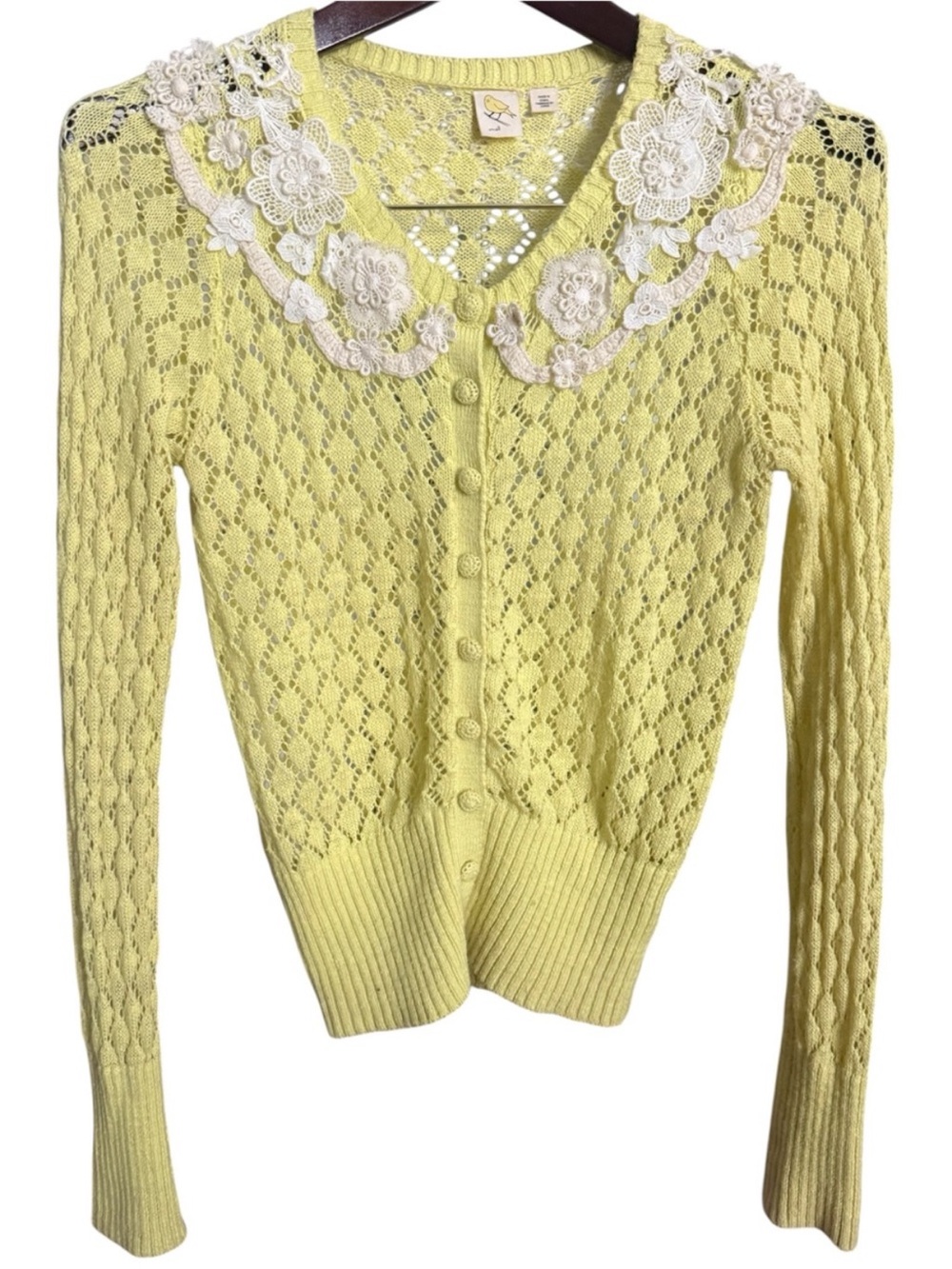 Anthropologie Lemon Yellow Lace Collar Openwork Cardigan
